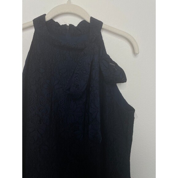 Vince Camuto Sz 14 Tie-Neck Lace Sheath Dress Navy Blue Sleeveless Zip Cocktail - Picture 10 of 16